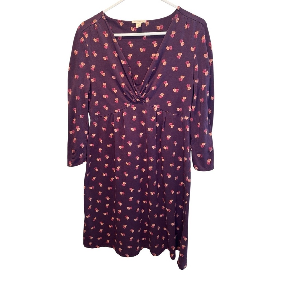 Garnet Hill Women Purple Floral Empire Waist Knit Dress M Feminine Comfort